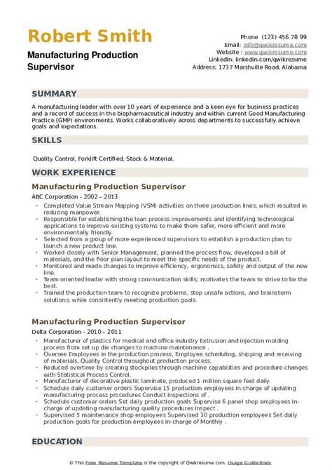 supervisor resume|6 Great Production Supervisor Resume Examples.